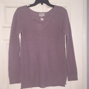 Light purple sweater with crisscross neckline